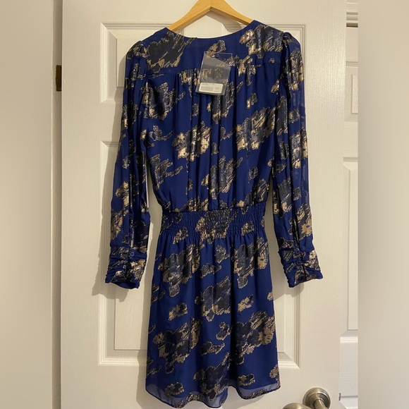 NWT Parker faux wrap mini dress in midnight blue with gold appliqués. - Picture 5 of 7